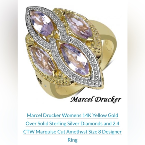MARCEL DRUCKER Gold Over Silver, Amethyst & Diamond Ring Sz. 8 New in Box! - Picture 6 of 8